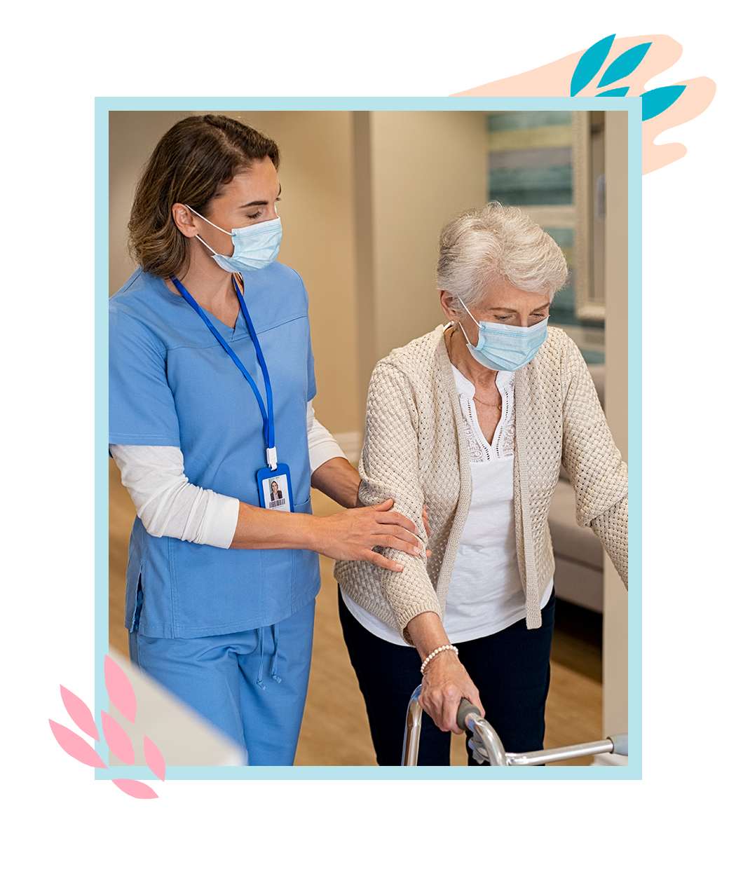residential aged care nurse helping elderly woman walk